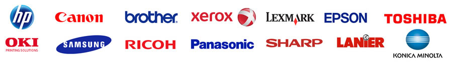 Logos of copier and printer brands JR Copier of Minnesota repairs: HP, Canon, Brother, Xerox, Lexmark, Epson, Toshiba, OKI, Samsung, Ricoh, Panasonic, Sharp, Lanier and Konica Minolta