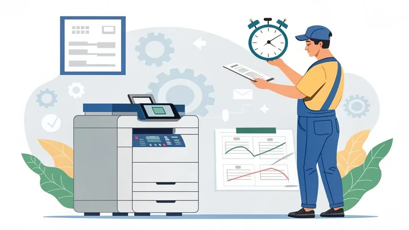 Technician reviewing a clipboard and response-time performance charts next to a copier, representing defined response time metrics
