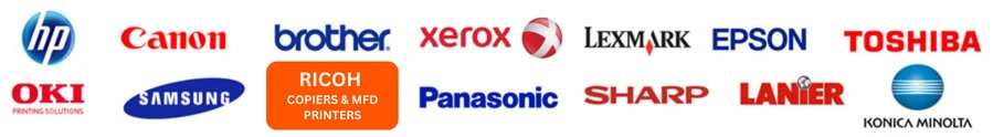 Logos of copier and printer brands JR Copier of Minnesota supplies toner and consumables for: HP, Canon, Brother, Xerox, Lexmark, Epson, Toshiba, OKI, Samsung, Ricoh, Panasonic, Sharp, Lanier and Konica Minolta